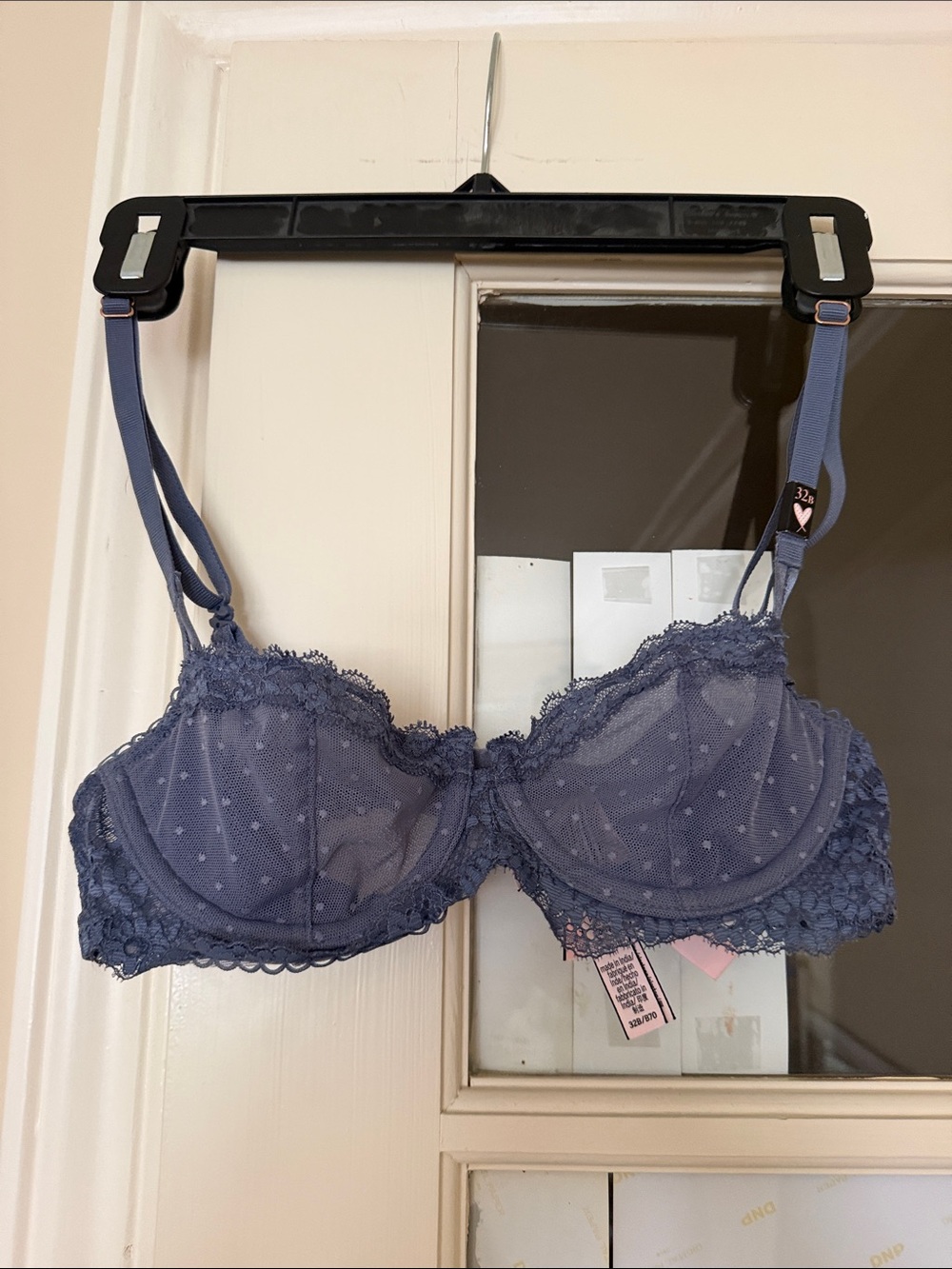 Victoria's Secret Dusty Blue Lace Underwire Bra with Polka-Dot Mesh